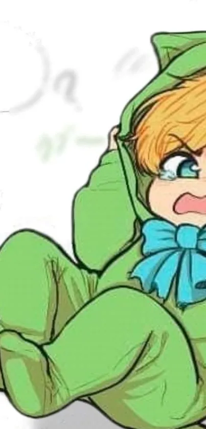 Cute cartoon baby in green outfit with blue bow.