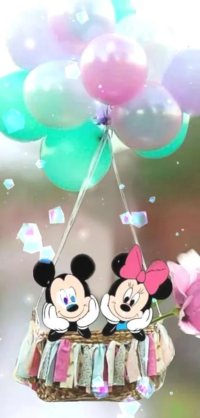 Adorable cartoon characters in a hot air balloon with pastel balloons.