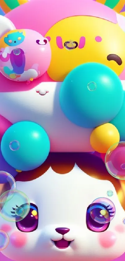 Colorful cartoon animals with balloons mobile wallpaper.