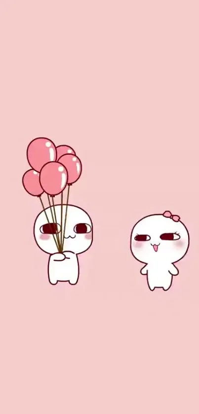 Cute cartoon characters with balloons on a pink background.