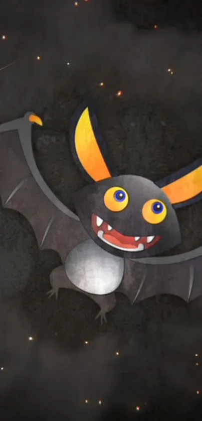 Cute cartoon bat with orange eyes flying in a dark night sky.