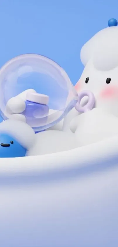 Cartoon characters enjoying a bubble bath in vibrant colors.