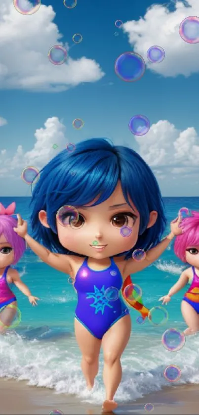 Cheerful cartoon girls playing on a sunny beach.