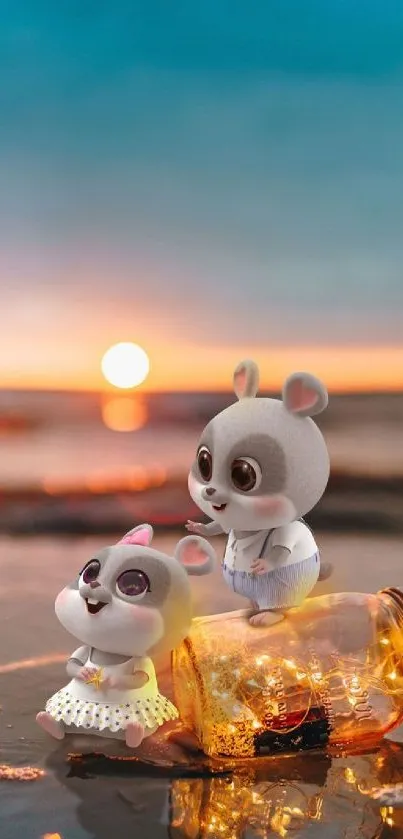 Cartoon animals on beach with sunset background.