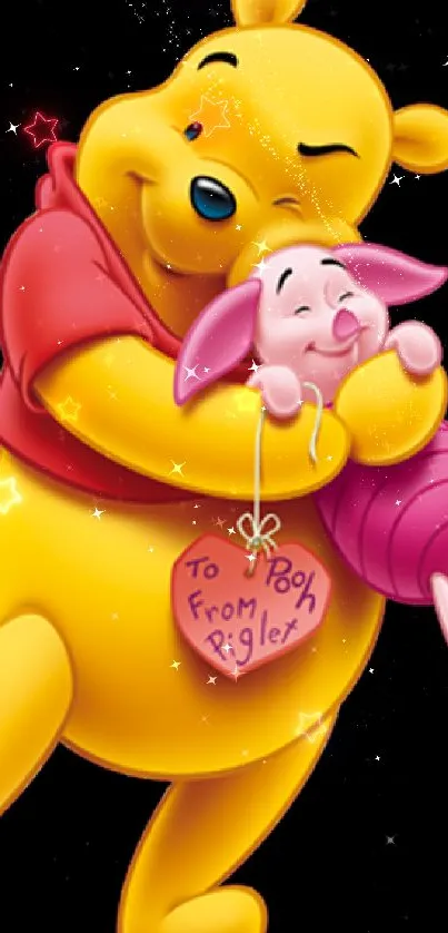 Cute cartoon bear hugging a pink friend with a love note, vibrant colors.