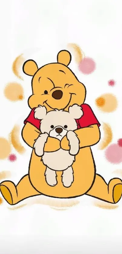 Cute cartoon bear hugging a plush toy on white background.