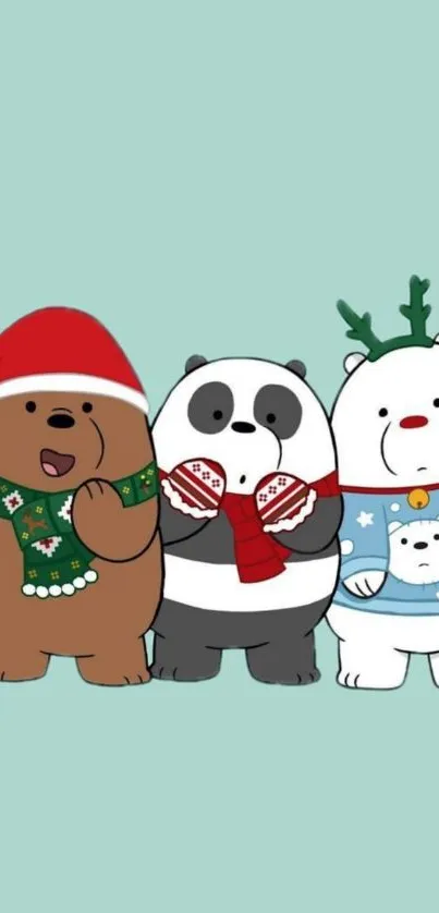 Three cartoon bears in festive attire on a teal background.