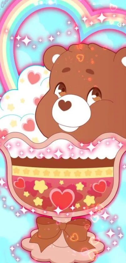 Cute cartoon bear in a candy-themed, pastel-colored wallpaper.