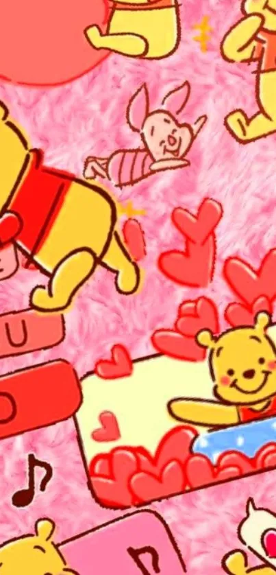 Cute cartoon bear wallpaper with pink hearts.