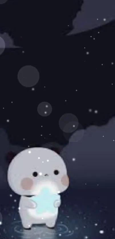 Adorable cartoon bear with a glowing object on a dark background wallpaper.