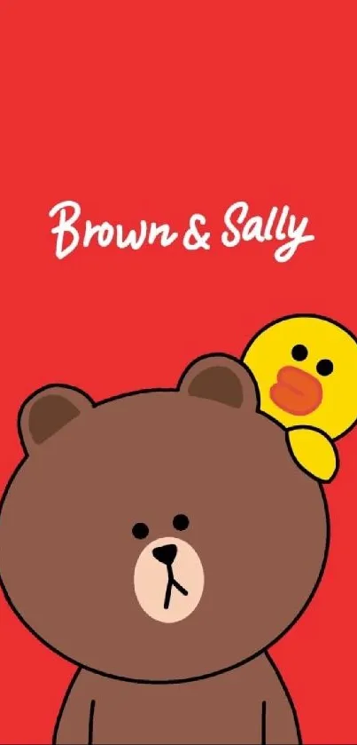 Adorable Brown and Sally cartoon on a red mobile wallpaper background.