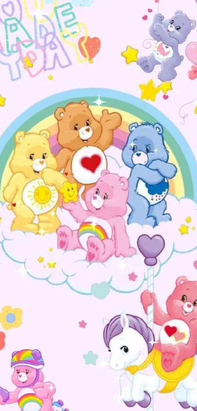 Cute cartoon bears with rainbows and stars on a pink background mobile wallpaper.