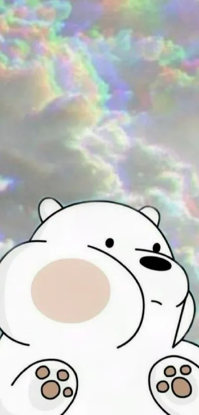 Cute cartoon bear with pastel clouds.