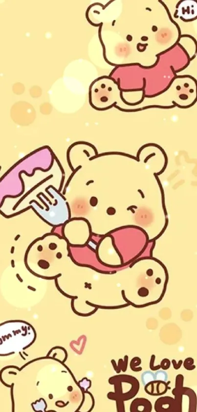 Cartoon bear wallpaper in pastel yellow hue with playful design.