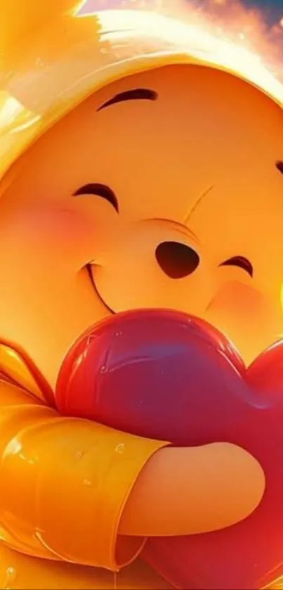 Cute cartoon bear holding a heart, smiling warmly.