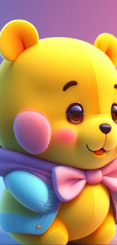 Cute yellow cartoon bear with pastel background.