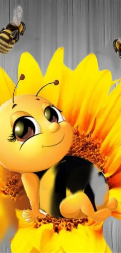 Cute cartoon bee sitting on a sunflower with buzzing bees in the background.