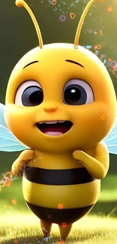 Cute cartoon bee with wings in a vibrant nature setting.