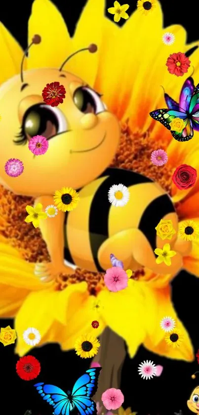 Cartoon bee with a sunflower and colorful flowers.
