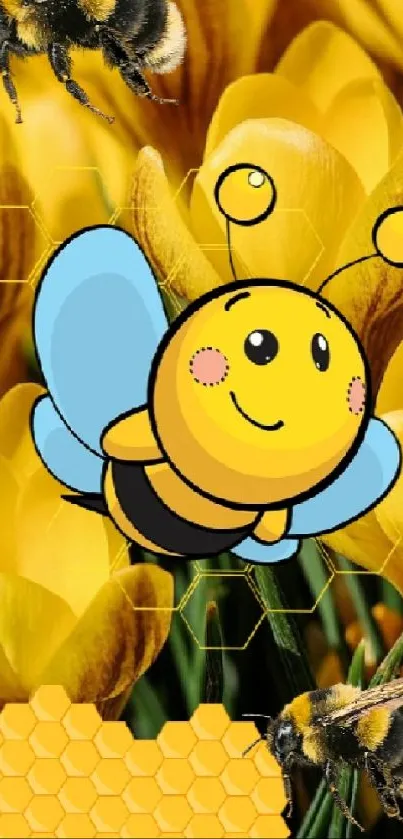 Cute cartoon bee with flowers and honeycomb on mobile wallpaper.