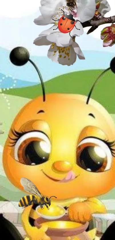 Cute cartoon bee with blossoms and honey jar, perfect for mobile wallpaper.