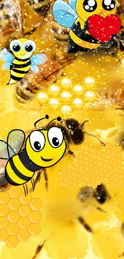 Cute animated bees and honeycomb on a yellow background.