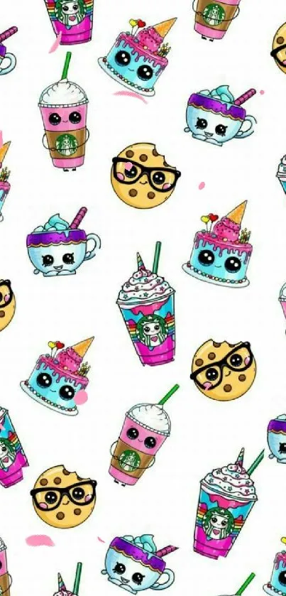 Cute cartoon beverages and snacks mobile wallpaper.