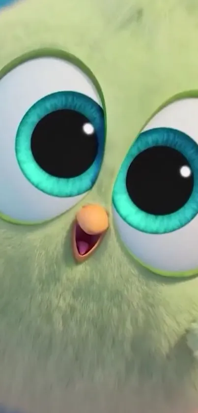 Adorable cartoon green bird with big eyes.