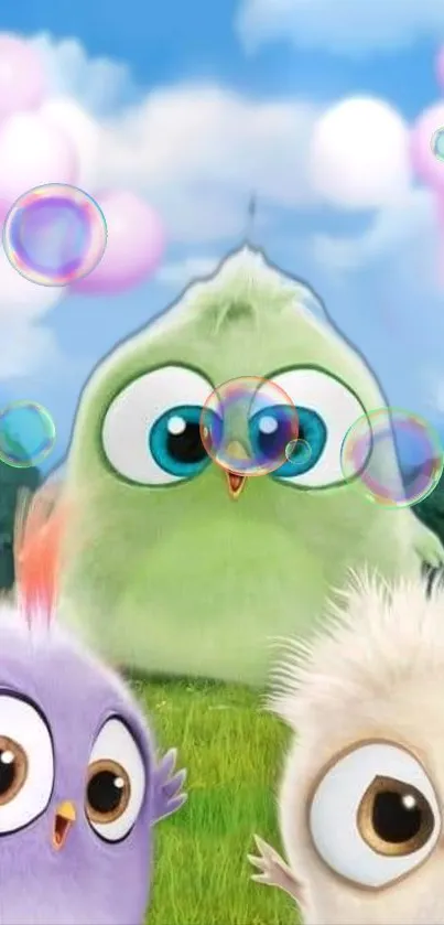 Cute bird cartoon wallpaper with bubbles.