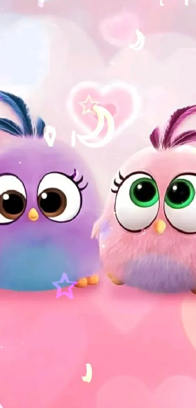 Cute cartoon birds with pink and purple feathers on a whimsical background.