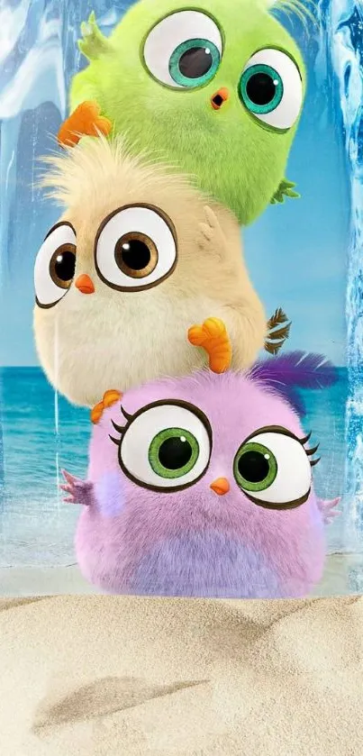 Three cute cartoon birds stacked on ice at the beach.