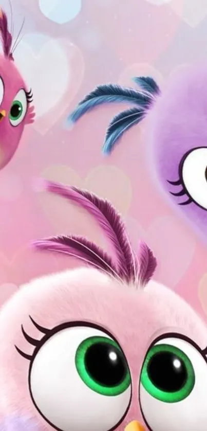 Cute cartoon birds with large eyes and colorful feathers on a pink background.