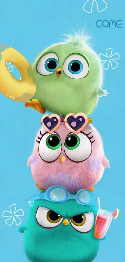Cute cartoon birds stack on blue background.