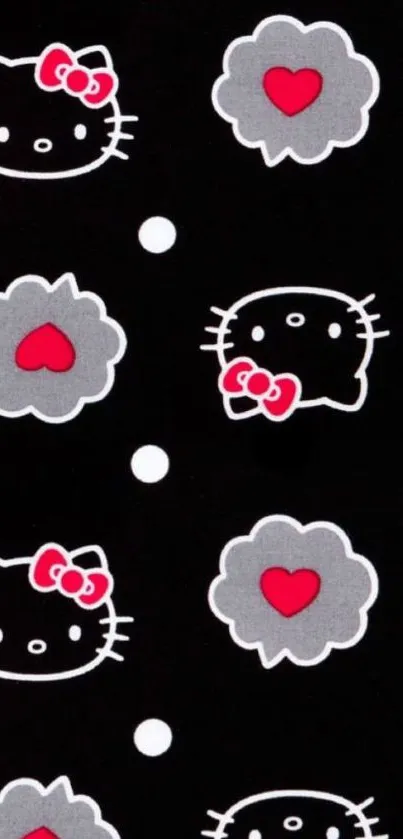 Hello Kitty black wallpaper with red accents and cute patterns.