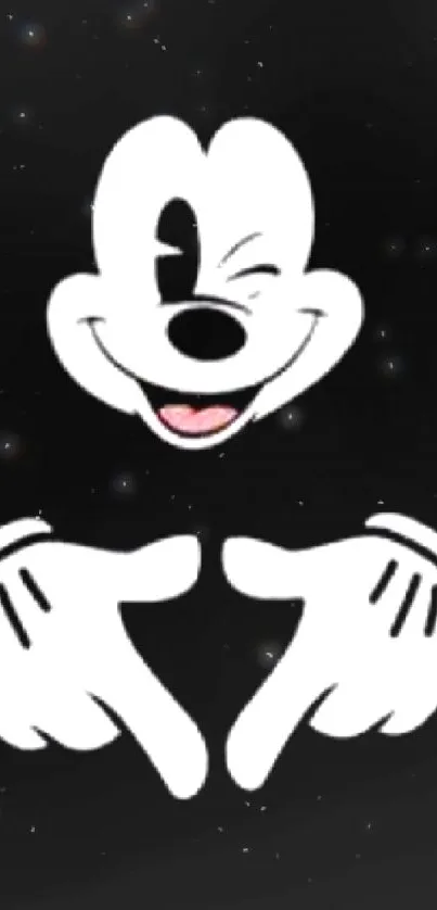 Black background with winking cartoon and white hands.