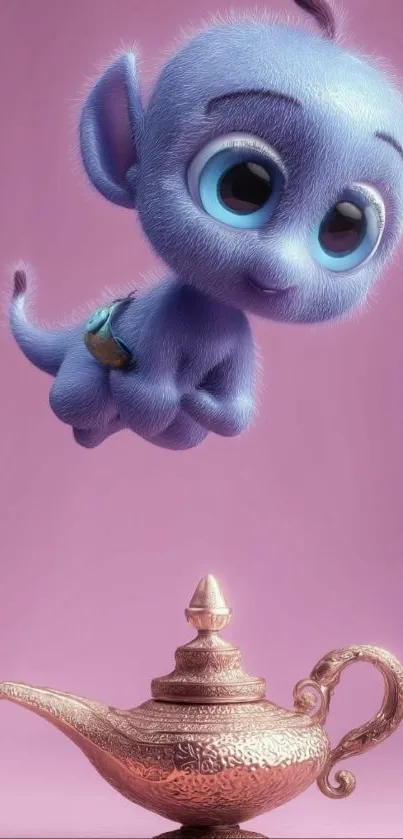 Cute blue cartoon creature floating over a magic lamp with a pink backdrop.