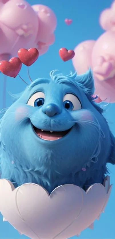 Cute blue cartoon monster with heart balloons in the sky wallpaper.