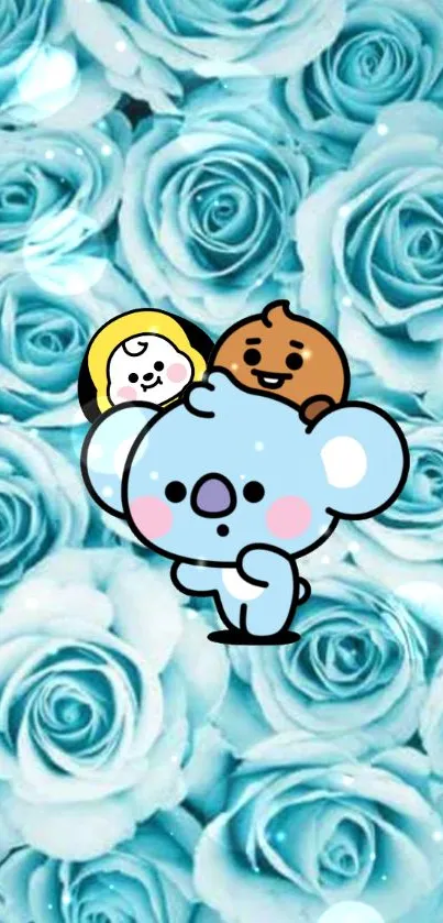 Cute cartoon characters on blue rose background wallpaper.