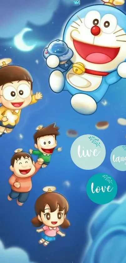 Colorful cartoon characters flying in blue sky with text 'live, laugh, love.'