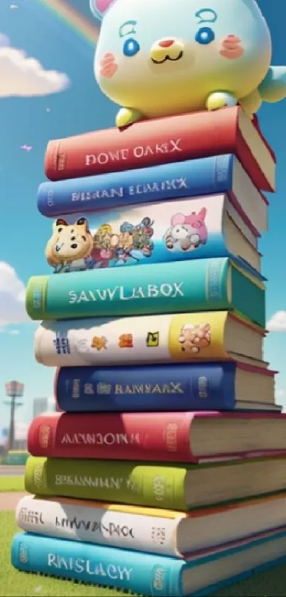 Cartoon character on a colorful book stack against a blue sky.