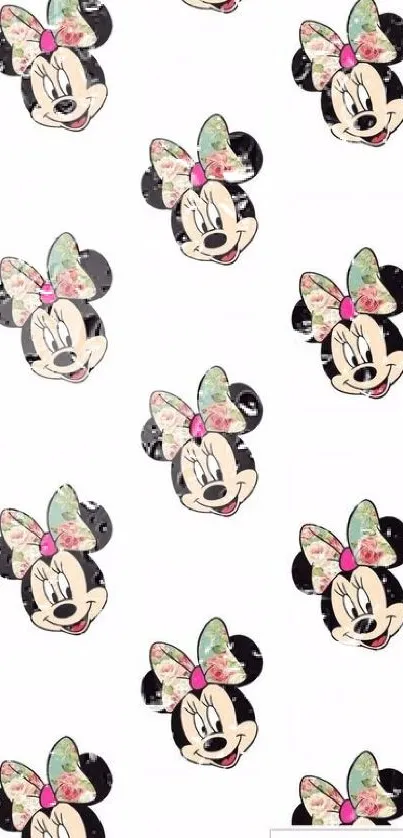 Cartoon character pattern with floral bows on a white background.