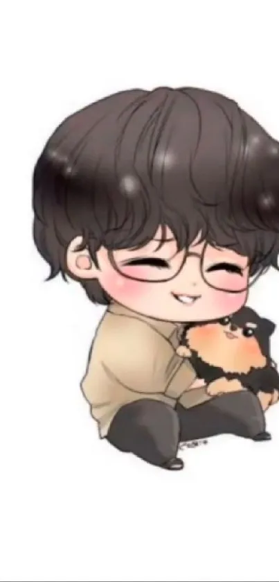 Cute cartoon boy holding a fluffy dog.