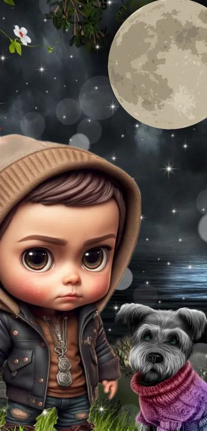 Cute cartoon boy and dog under night sky.