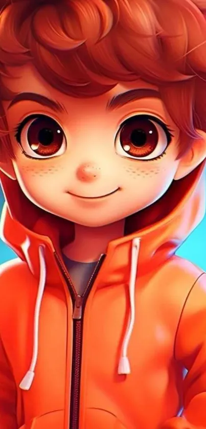 Cute cartoon boy in an orange hoodie, smiling brightly.