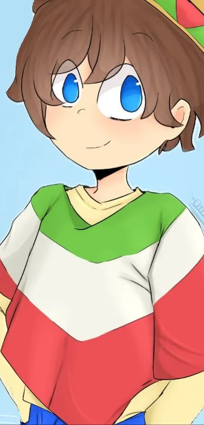 Cartoon boy in colorful outfit and hat with blue eyes.