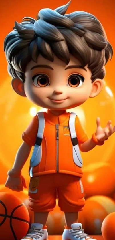 Cute cartoon boy with orange background and basketball.