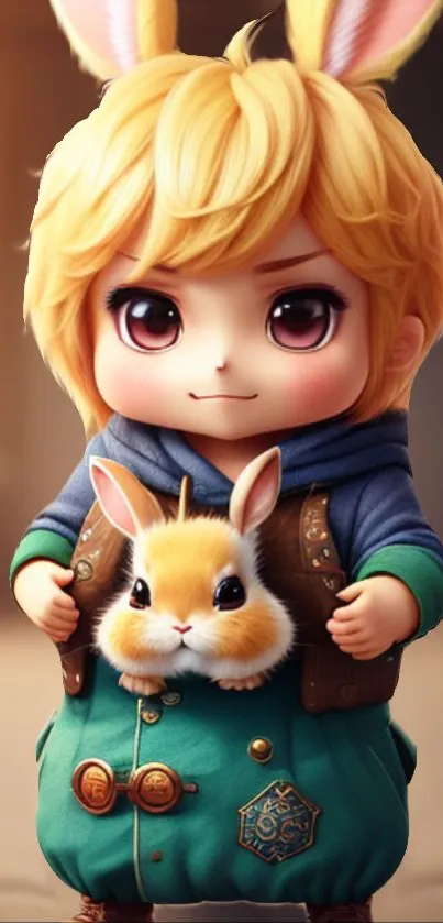 Cartoon boy with bunny in a vibrant outfit, perfect for wallpaper.