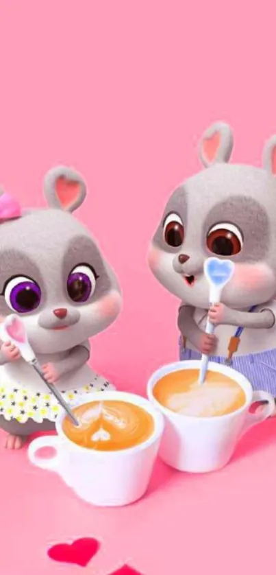 Two cute cartoon bunnies with coffee on a pink background.