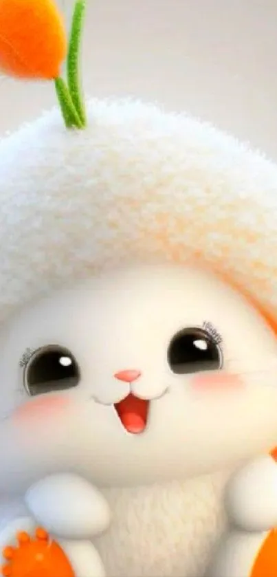 Adorable cartoon bunny with fluffy woolly hat and orange accents.