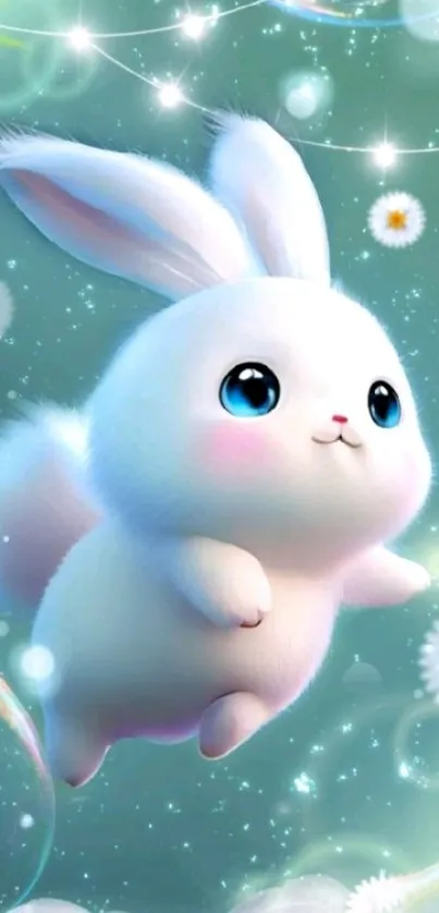 Cute fluffy bunny in whimsical, mint-green background.